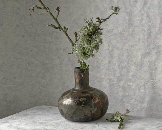 Turned Wood Weed Vase with Tarnished Bronze Finish